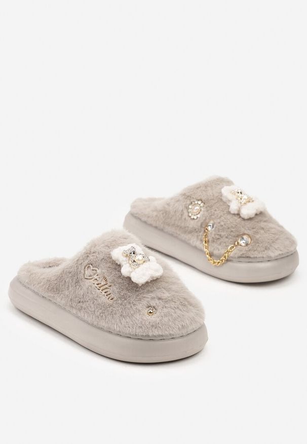 Born2be - Szare Wsuwane Kapcie Futrzane z Ozdobnymi Aplikacjami Reathlith. Okazja: do domu, na co dzień. Zapięcie: bez zapięcia. Kolor: szary. Materiał: futro. Wzór: aplikacja. Obcas: na płaskiej podeszwie. Styl: casual