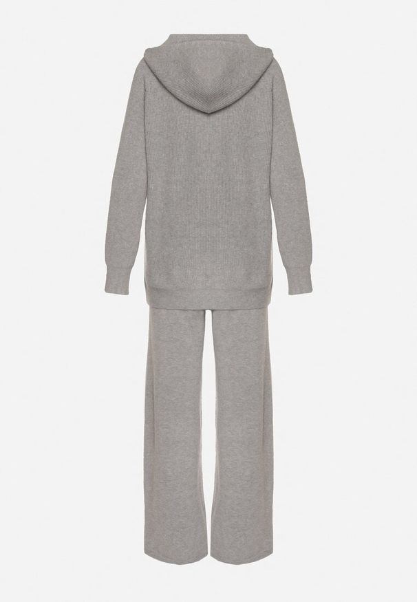 Born2be - Ciemnoszary Komplet Dzianinowy z Wełną Bluza z Kapturem i Szerokie Spodnie Otisela. Kolor: szary. Materiał: dzianina, wełna