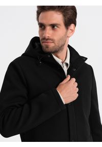 Ombre Clothing - Męski ocieplany płaszcz z kapturem i krytym zamkiem - czarny V1. Typ kołnierza: kaptur. Kolor: czarny. Materiał: tkanina, poliester #4