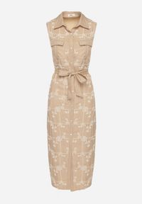 Born2be - Beżowa Sukienka Bez Rękawów o Koszulowym Kroju z Paskiem Zdobiona Haftem Fodarela. Okazja: na co dzień. Kolor: beżowy. Długość rękawa: bez rękawów. Wzór: aplikacja, haft. Sezon: lato. Typ sukienki: koszulowe. Styl: klasyczny, casual, elegancki #7