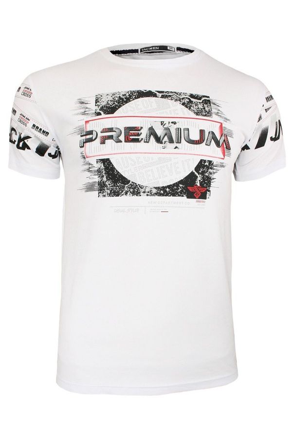 Adriano Guinari - Biała Męska Koszulka (T-shirt ) z Nadrukiem, Krótki Rękaw, Trójwymiarowy Napis PREMIUM. Kolor: biały. Materiał: bawełna, elastan. Długość rękawa: krótki rękaw. Długość: krótkie. Wzór: nadruk