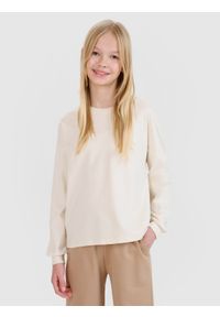 4f - 4F Longsleeve oversize gładki dziewczęcy - beżowy 140 (9-10 lat). Okazja: na co dzień. Kolor: beżowy. Materiał: dzianina, bawełna, jersey. Długość rękawa: długi rękaw. Długość: długie. Wzór: gładki. Sezon: lato. Styl: klasyczny, sportowy, casual