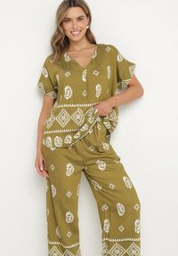 Born2be - Zielono-Biały Bawełniany Komplet Koszula i Szerokie Spodnie w Stylu Boho Ollirive. Kolor: zielony. Materiał: bawełna. Wzór: aplikacja #6