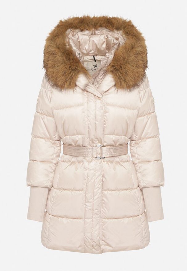 Born2be - Beżowa Kurtka z Pikowanymi Przeszyciami Paskiem i Kapturem z Futrem Lidanessa. Okazja: na co dzień. Kolor: beżowy. Materiał: futro. Styl: casual