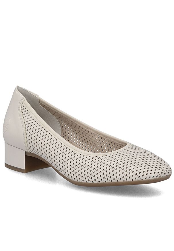 Skórzane czółenka damskie ażurowe beżowe Rieker 43459-60. Kolor: beżowy. Materiał: skóra. Wzór: ażurowy