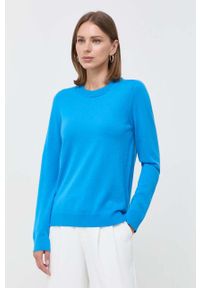 BOSS sweter wełniany damski kolor niebieski lekki. Kolor: niebieski. Materiał: wełna. Wzór: gładki. Styl: klasyczny