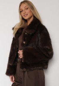Born2be - Brązowa Krótka Kurtka Futerko z Kołnierzem Anantia. Okazja: na co dzień, na randkę, do pracy. Kolor: brązowy. Materiał: futro. Długość: krótkie. Styl: casual #3