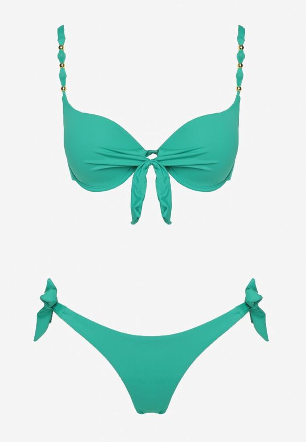 Born2be - Ciemnozielone Bikini Biustonosz i Majtki Ozdobione Wiązaniem Uloselira. Kolor: zielony. Wzór: aplikacja