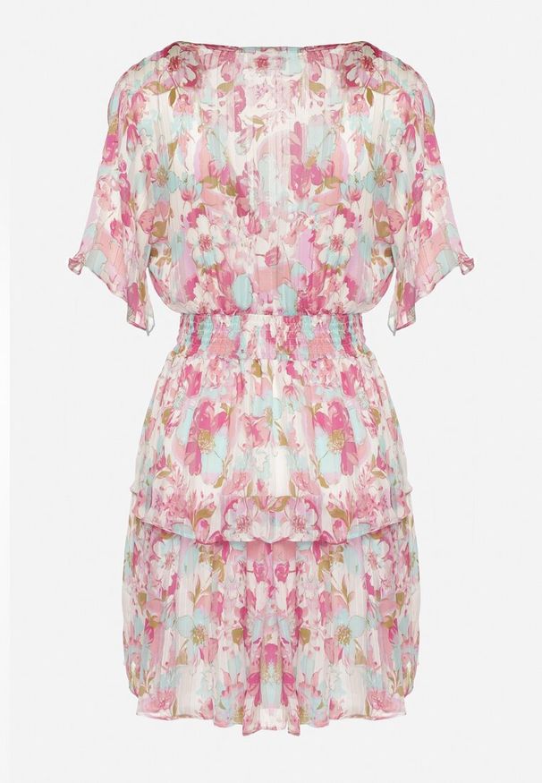 Born2be - Różowa Rozkloszowana Sukienka z Gumką w Talii Ozdobiona Falbanką i Dzianinową Podszewką Xinelia. Okazja: na co dzień. Kolor: różowy. Materiał: dzianina. Długość rękawa: krótki rękaw. Wzór: aplikacja. Styl: casual, klasyczny, elegancki