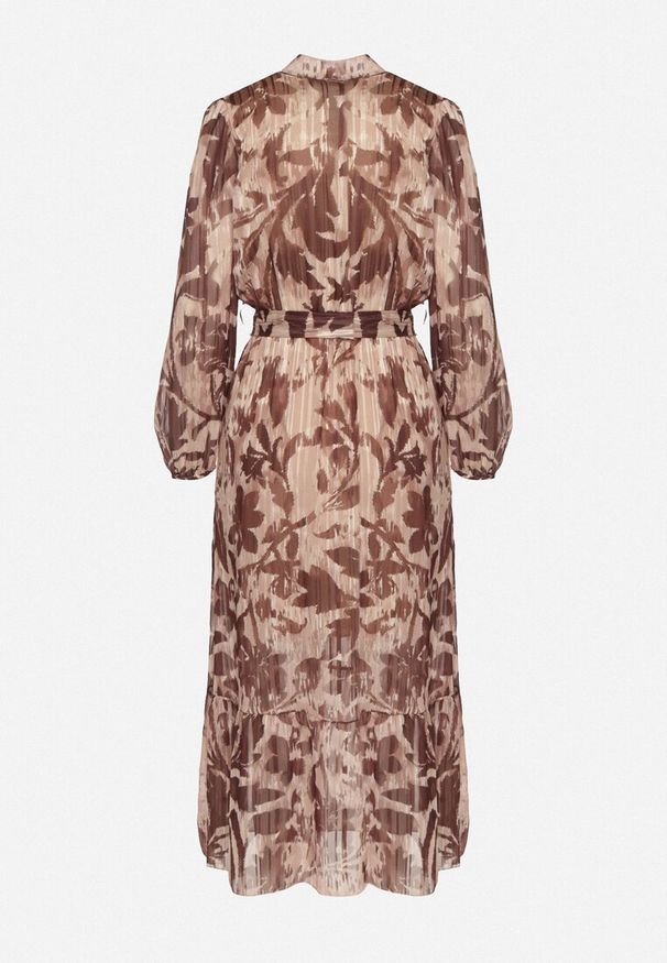 Born2be - Brązowa Rozkloszowana Sukienka z Wiązanym Paskiem i Metaliczną Nicią Nalirina. Okazja: na co dzień. Typ kołnierza: dekolt w kształcie V. Kolor: brązowy. Materiał: wiskoza, elastan. Wzór: aplikacja. Typ sukienki: proste, rozkloszowane. Styl: casual, elegancki, klasyczny