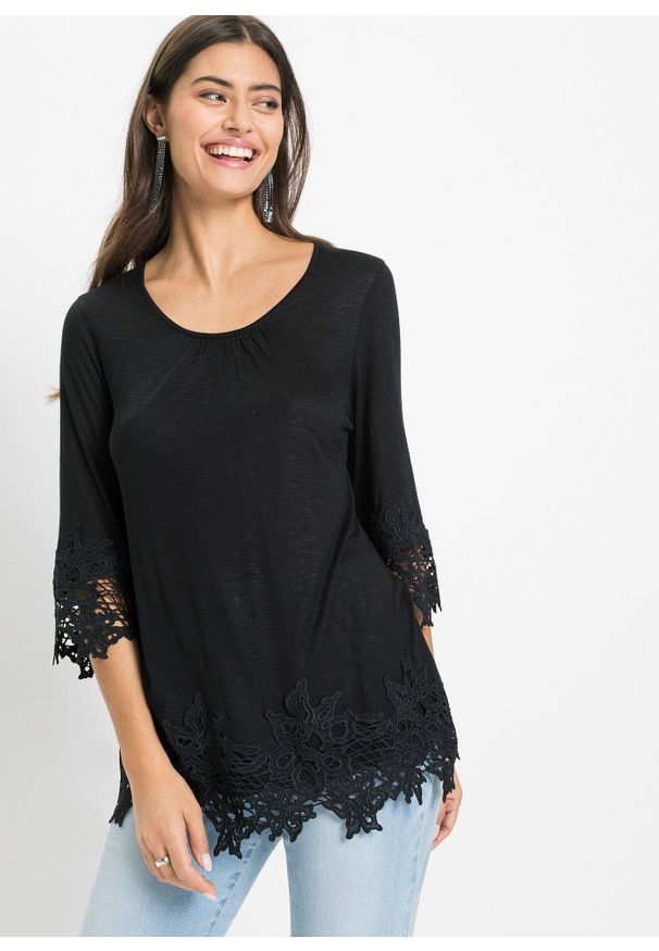 bonprix - Shirt z koronką. Kolor: czarny. Materiał: koronka. Wzór: koronka. Sezon: lato