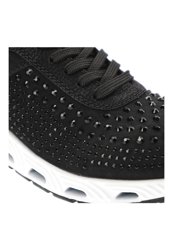 Czarne Sneakersy Rieker Stylowe Obuwie Damskie. Okazja: na co dzień. Kolor: czarny. Materiał: skóra ekologiczna. Wzór: aplikacja. Styl: elegancki