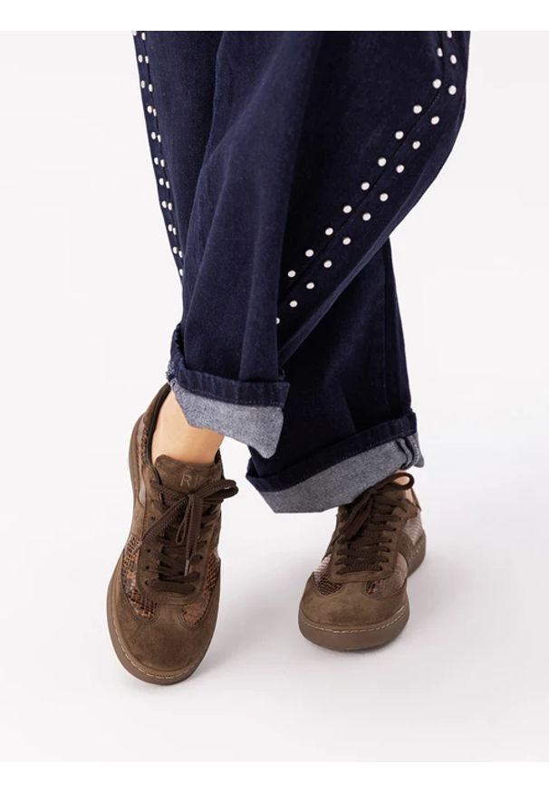 Ryłko - Brązowe sportowe półbuty. Kolor: brązowy. Materiał: skóra, welur. Szerokość cholewki: normalna. Obcas: na obcasie. Styl: sportowy. Wysokość obcasa: średni