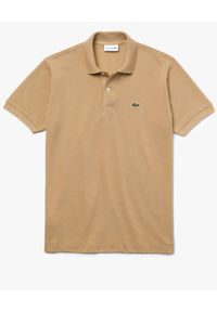 Lacoste - LACOSTE - Beżowy t-shirt polo z logo Regular Fit. Typ kołnierza: polo. Kolor: beżowy. Materiał: bawełna, prążkowany. Wzór: haft #5