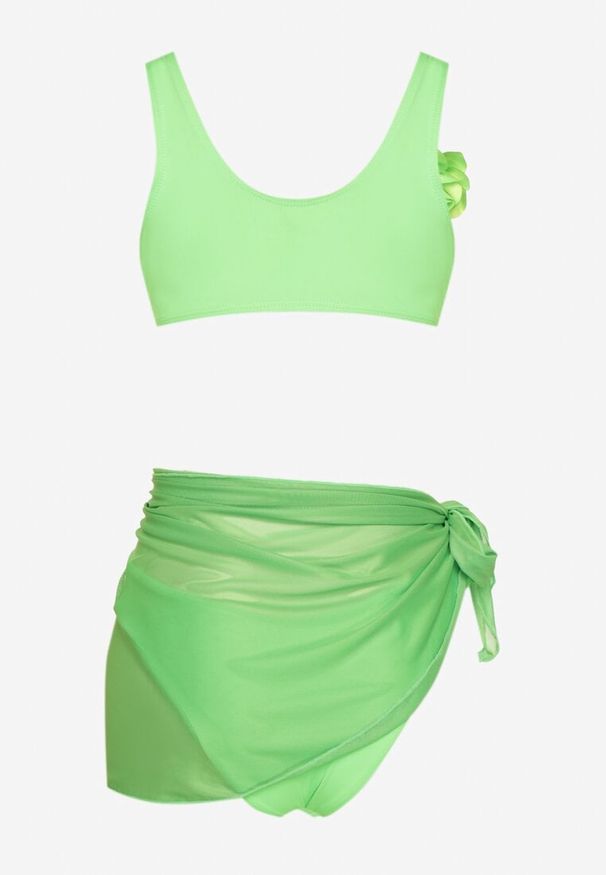 Born2be - Jasnozielone Bikini Biustonosz z Odpinanym Kwiatem 3D Majtki Typu Figi i Siateczkowe Pareo Folane. Kolor: zielony. Wzór: kwiaty