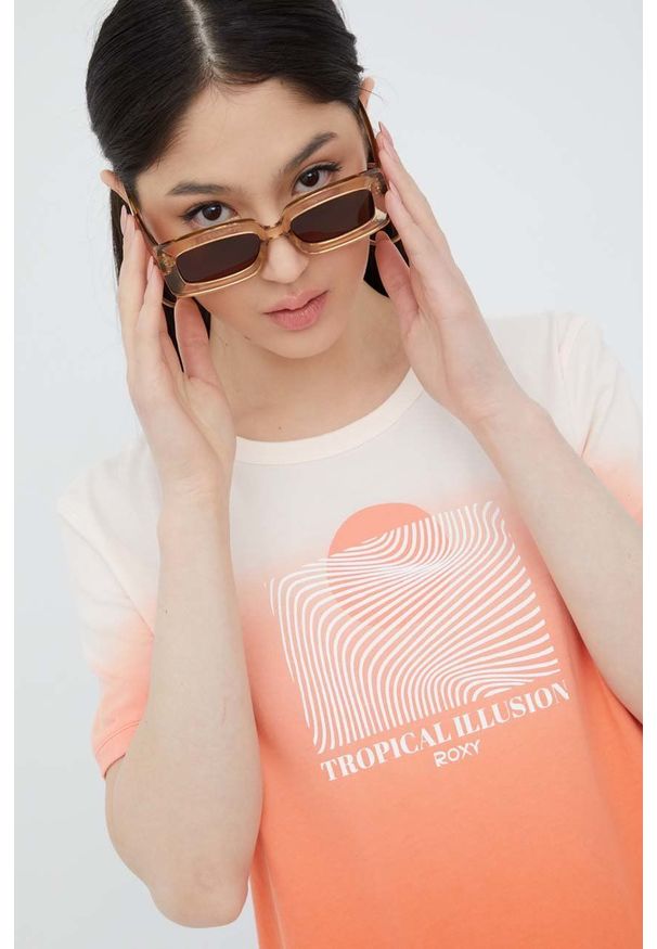 Roxy t-shirt bawełniany kolor pomarańczowy. Okazja: na co dzień. Kolor: pomarańczowy. Materiał: bawełna. Wzór: nadruk. Styl: casual