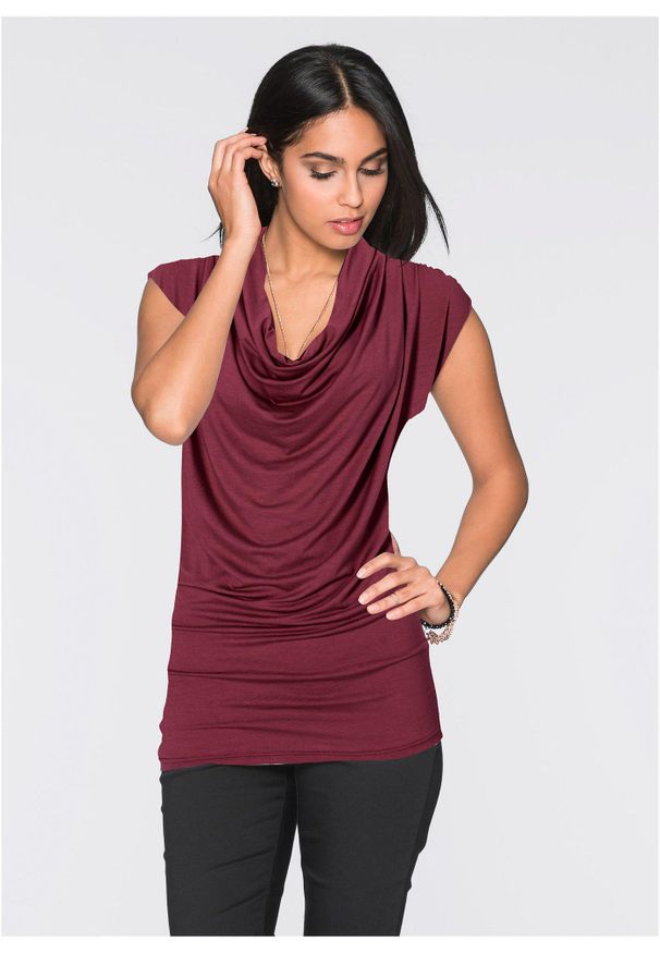 bonprix - T-shirt z mieszanki wiskozy. Typ kołnierza: dekolt woda. Kolor: czerwony. Materiał: wiskoza, materiał. Długość: długie. Styl: elegancki