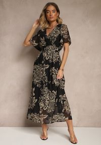 Renee - Czarna Rozkloszowana Sukienka z Wiązaniem w Kwiatowy Wzór Jeloiti. Okazja: na co dzień. Typ kołnierza: dekolt w kształcie V. Kolor: czarny. Wzór: kwiaty. Typ sukienki: proste. Styl: elegancki, casual #3