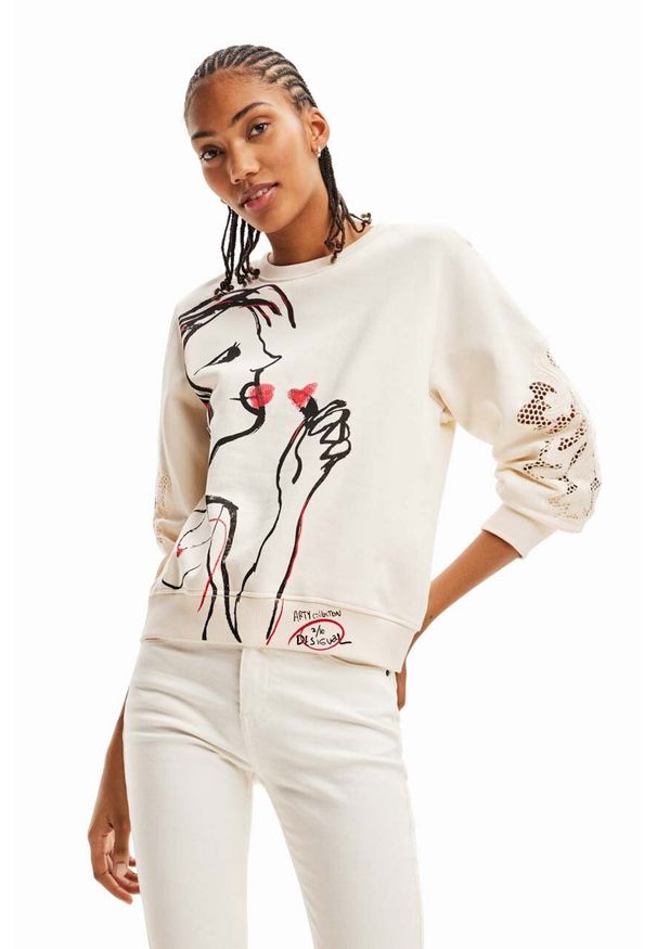 Desigual bluza bawełniana x Disney damska kolor biały z kapturem wzorzysta. Typ kołnierza: kaptur. Kolor: biały. Materiał: bawełna. Długość rękawa: długi rękaw. Długość: długie. Wzór: motyw z bajki
