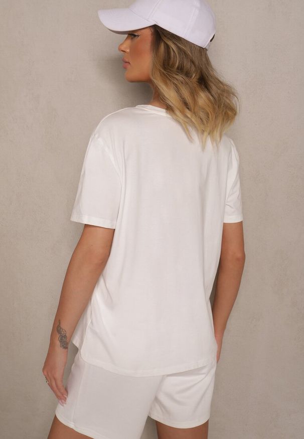 Renee - Biały Bawełniany T-shirt z Ozdobnym Nadrukiem i Cyrkoniami Teomala. Kolor: biały. Materiał: bawełna. Wzór: nadruk. Styl: elegancki, klasyczny