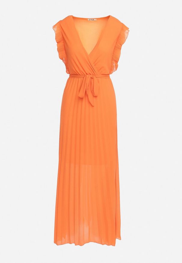 Born2be - Pomarańczowa Plisowana Sukienka Maxi Wiskozowa z Kopertowym Dekoltem i Falbankami Glimes. Typ kołnierza: kołnierz z falbankami. Kolor: pomarańczowy. Materiał: wiskoza. Typ sukienki: kopertowe. Długość: maxi