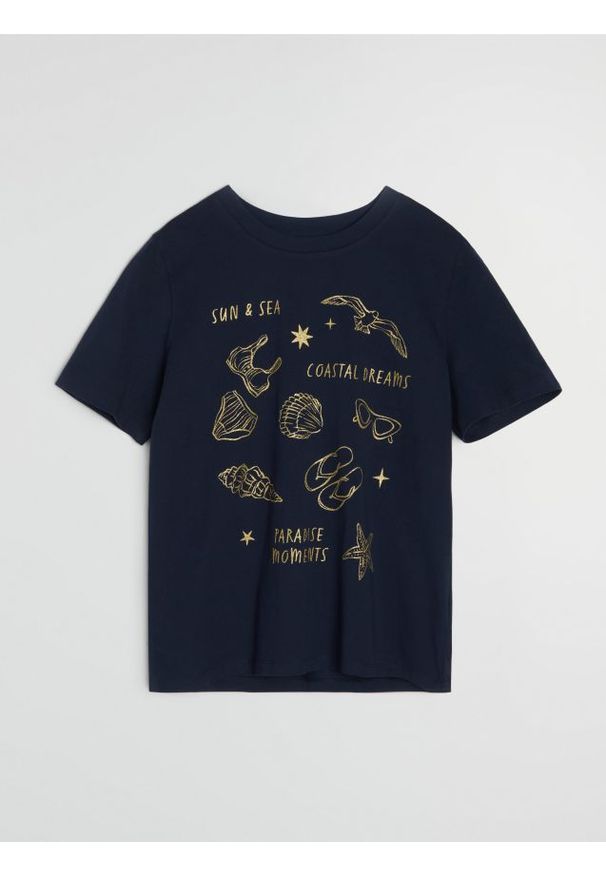 Sinsay - Bawełniana koszulka z krótkim rękawem - granatowy. Kolor: niebieski. Materiał: bawełna. Długość rękawa: krótki rękaw. Długość: krótkie