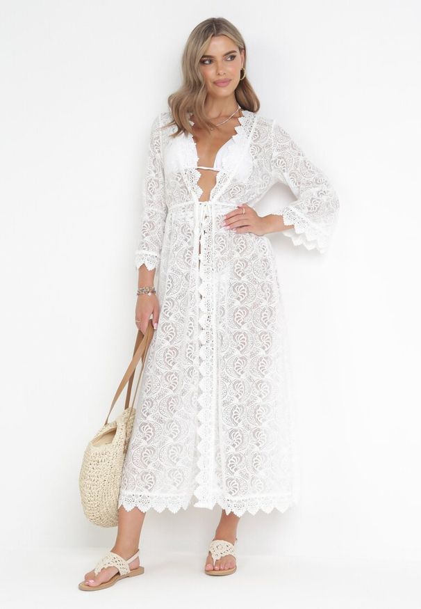 Born2be - Biały Koronkowy Kardigan Narzutka w Stylu Boho Michaia. Okazja: na plażę. Kolor: biały. Materiał: koronka. Styl: boho