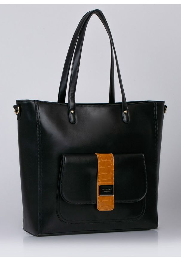 Torebka damska Monnari shopper z brązowym paskiem czarna. Kolor: wielokolorowy, brązowy, czarny. Materiał: skórzane. Styl: elegancki