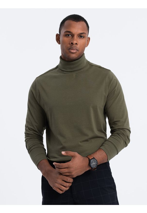 Ombre Clothing - Longsleeve męski z golfem - ciemnooliwkowy V4 - Rozmiar: XL. Typ kołnierza: golf. Kolor: oliwkowy. Materiał: elastan, bawełna. Długość rękawa: długi rękaw