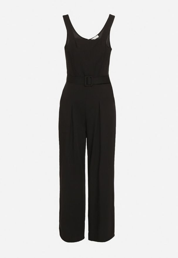 Born2be - Czarny Taliowany Kombinezon z Ozdobnym Paskiem i Klamrą Doloriela. Kolor: czarny. Styl: elegancki