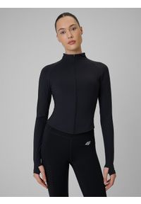 4f - 4F Bluza treningowa slim szybkoschnąca damska - czarna S. Okazja: na co dzień. Typ kołnierza: kołnierzyk stójkowy. Kolor: czarny. Materiał: skóra. Styl: casual, sportowy #1