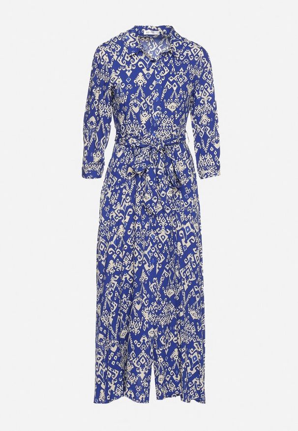 Born2be - Granatowa Sukienka Koszulowa z Wiskozy Ozdobiona Ornamentalnym Wzorem Hoarna. Kolor: niebieski. Materiał: wiskoza. Wzór: aplikacja. Sezon: wiosna, lato. Typ sukienki: koszulowe