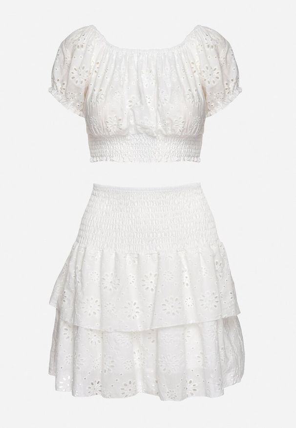 Born2be - Biały Ażurowy Komplet z Bawełny Top w Hiszpańskim Stylu Spódnica z Gumką w Talii Colfea. Kolor: biały. Materiał: bawełna. Wzór: ażurowy