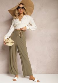 Renee - Ciemnozielone Spodnie Regular w Prążki High Waist Sallamia. Okazja: na co dzień. Stan: podwyższony. Kolor: zielony. Materiał: tkanina. Wzór: prążki. Styl: klasyczny, elegancki, casual #6