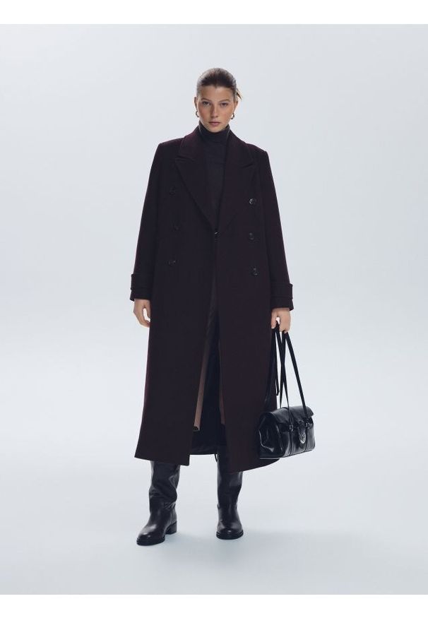 Reserved - Płaszcz z wełną - burgundowy. Kolor: czerwony. Materiał: wełna