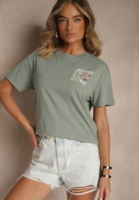 Renee - Ciemnozielony T-shirt z Bawełny o Kroju Oversize Fillinea. Okazja: na co dzień. Kolor: zielony. Materiał: bawełna. Wzór: napisy, aplikacja. Styl: klasyczny, casual