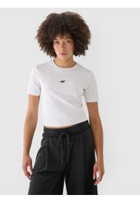 4f - 4F T-shirt slim cropped damski - biały M. Okazja: na co dzień. Kolor: biały. Materiał: elastan, bawełna, materiał, dzianina, jersey. Wzór: ze splotem, gładki, jednolity. Styl: casual, sportowy #1