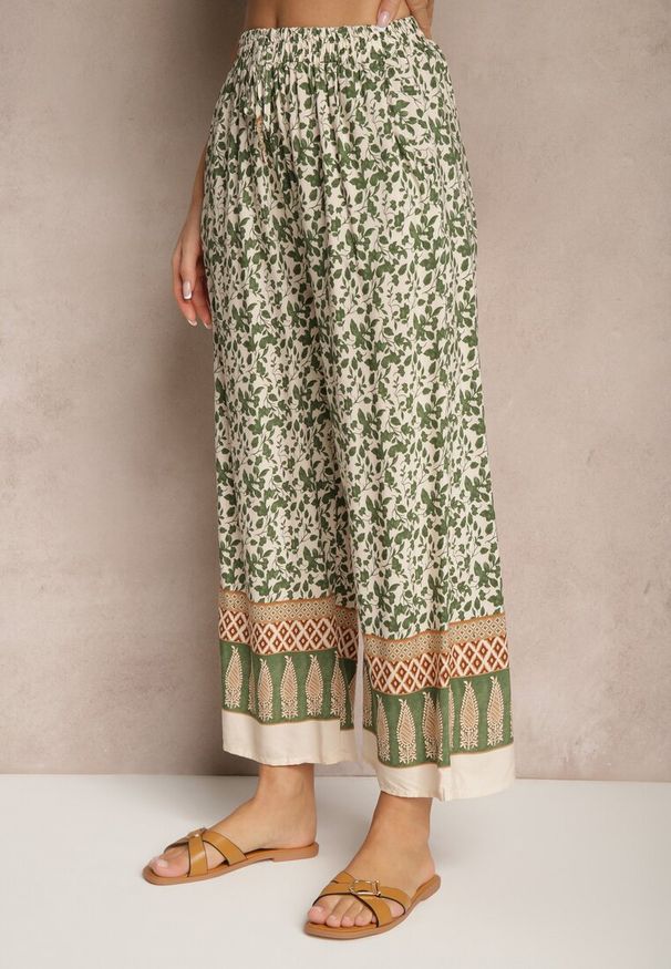 Renee - Zielone Spodnie z Bawełny High Waist z Abstrakcyjnym Wzorem Lisathiela. Okazja: na co dzień. Stan: podwyższony. Kolor: zielony. Materiał: bawełna. Styl: casual