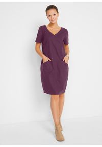 bonprix - Sukienka mini z lnem. Typ kołnierza: dekolt w serek. Kolor: fioletowy. Materiał: tkanina, len. Długość rękawa: krótki rękaw. Długość: mini #1