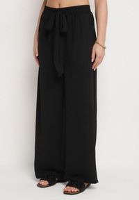 Born2be - Czarne Szerokie Spodnie z Wiskozą Wiązane w Pasie Zilenna. Okazja: na co dzień. Kolor: czarny. Materiał: wiskoza. Styl: klasyczny, elegancki, casual #7