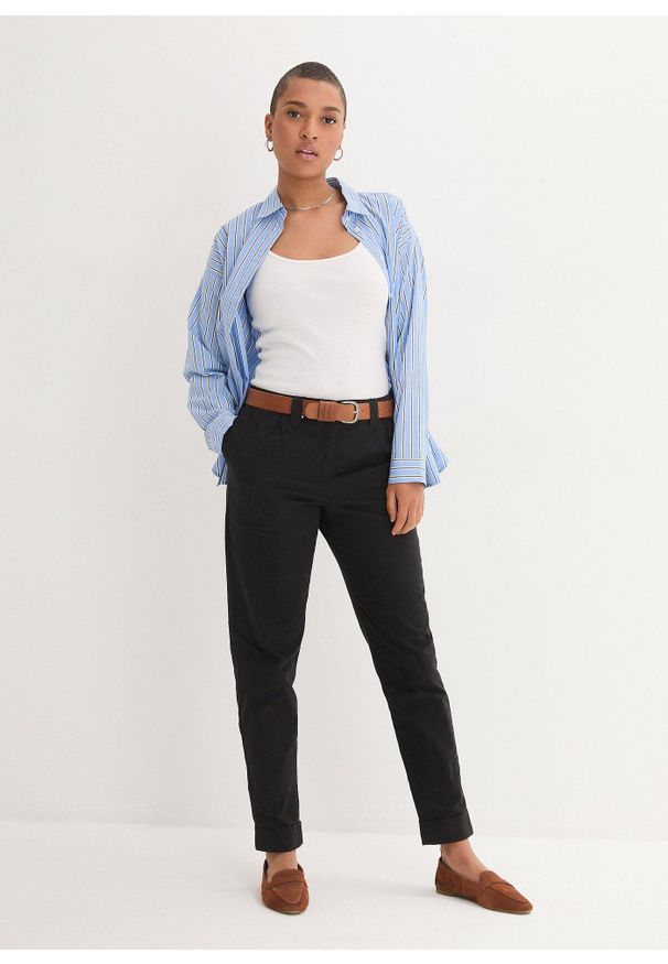 bonprix - Spodnie chinosy z bawełny, długość do kostki. Kolor: czarny. Materiał: bawełna