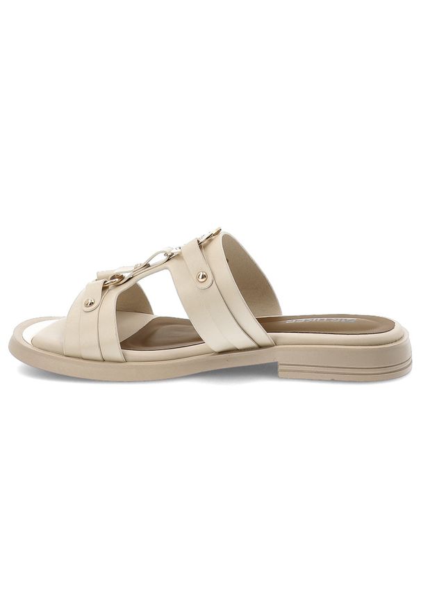 Klapki damskie Artiker, cholewka ze skóry naturalnej wsuwany fason z szerokimi paskami na płaskiej podeszwie, beżowe, 58C1629. Kolor: beżowy. Materiał: skóra. Obcas: na płaskiej podeszwie