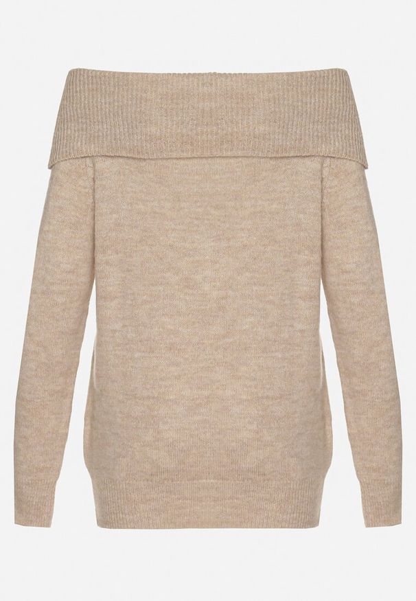 Born2be - Beżowy Sweter z Wywiniętym Dekoltem Parira. Kolor: beżowy. Długość rękawa: długi rękaw. Długość: długie. Wzór: bez wzorów, aplikacja. Styl: elegancki