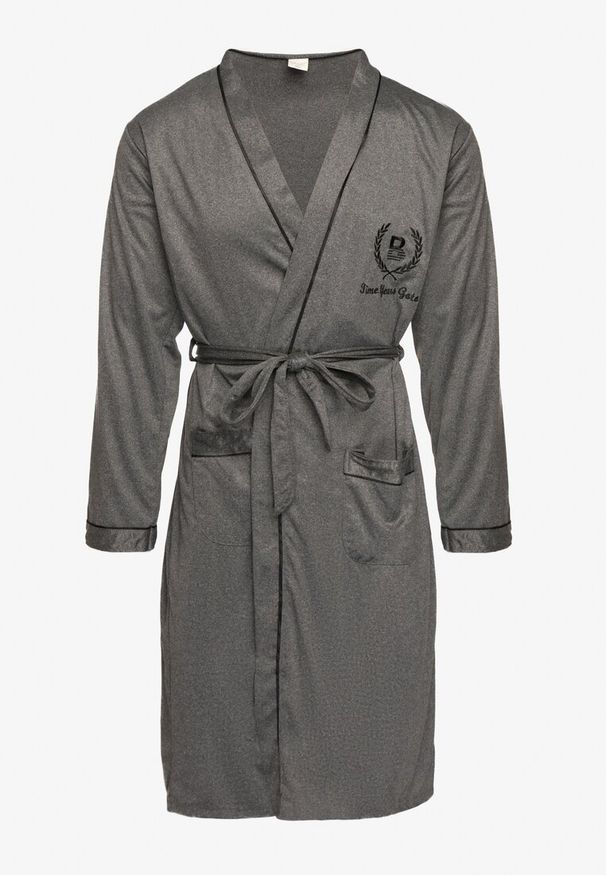 Born2be - Ciemnoszary Szlafrok z Bawełną Zdobiony Elegancką Lamówką i Aplikacją z Wiązanym Paskiem Attelora. Kolor: szary. Materiał: bawełna. Wzór: aplikacja