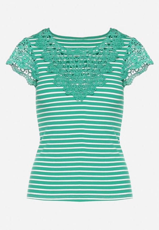 Born2be - Zielony Bawełniany T-shirt z Prążkowanej Dzianiny Ozdobiony Koronką Liasilo. Okazja: na co dzień. Kolor: zielony. Materiał: prążkowany, dzianina, bawełna, koronka. Wzór: aplikacja, koronka. Styl: elegancki, casual