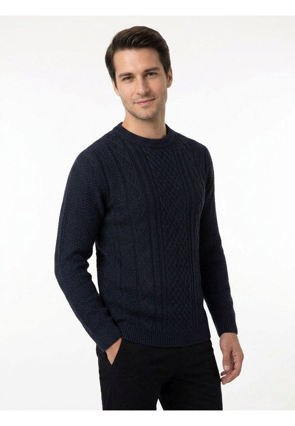 Męski Sweter z Dzianiny Bawełnianej (Knit) - Adriano Guinari - Granatowy. Kolor: niebieski. Materiał: bawełna. Wzór: ze splotem. Sezon: zima, jesień