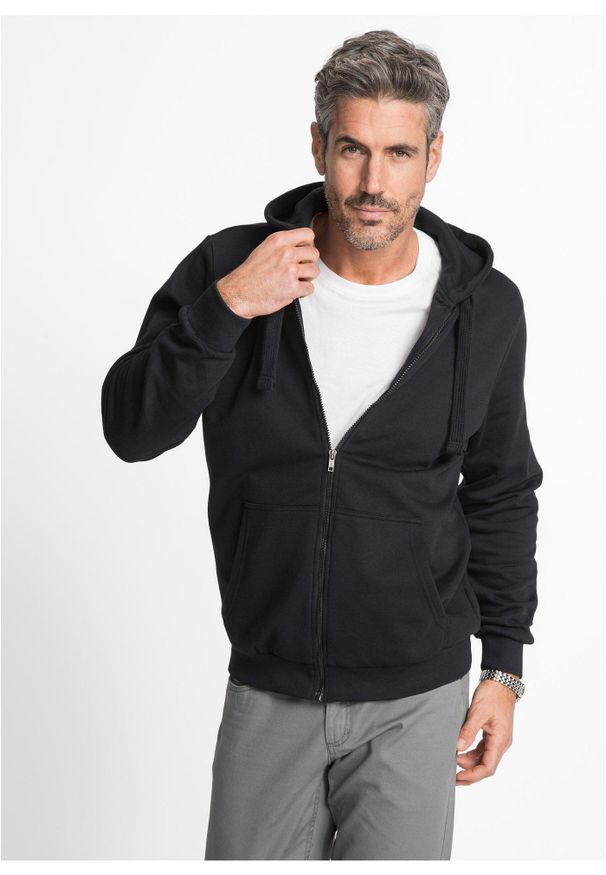 bonprix - Bluza z kapturem zapinana na zamek. Okazja: na co dzień. Typ kołnierza: kaptur. Kolor: czarny. Materiał: dzianina, dresówka. Styl: casual