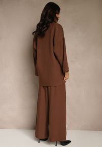 Renee - Brązowy Komplet Garniturowy Oversize Marynarka Dwurzędowa i Spodnie Wide Leg Tevilna. Kolor: brązowy. Wzór: aplikacja #4