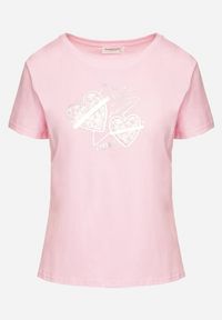 Born2be - Różowy T-shirt z Bawełny z Ozdobnym Nadrukiem Noniel. Okazja: na co dzień. Kolor: różowy. Materiał: bawełna. Wzór: nadruk. Styl: casual #6