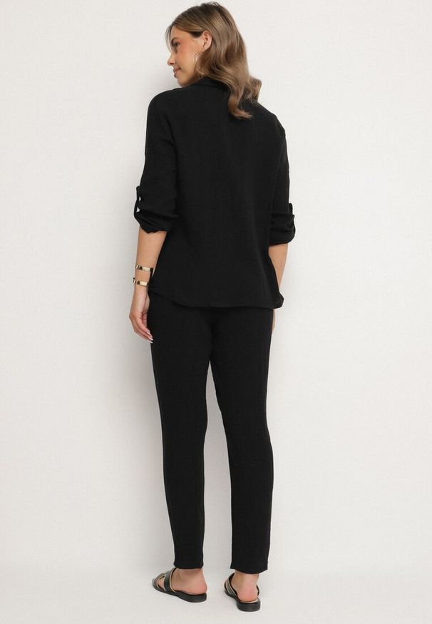 Born2be - Czarny Bawełniany Komplet Muślinowy Koszula z Regulowanymi Rękawami i Spodnie Janilene. Kolor: czarny. Materiał: bawełna